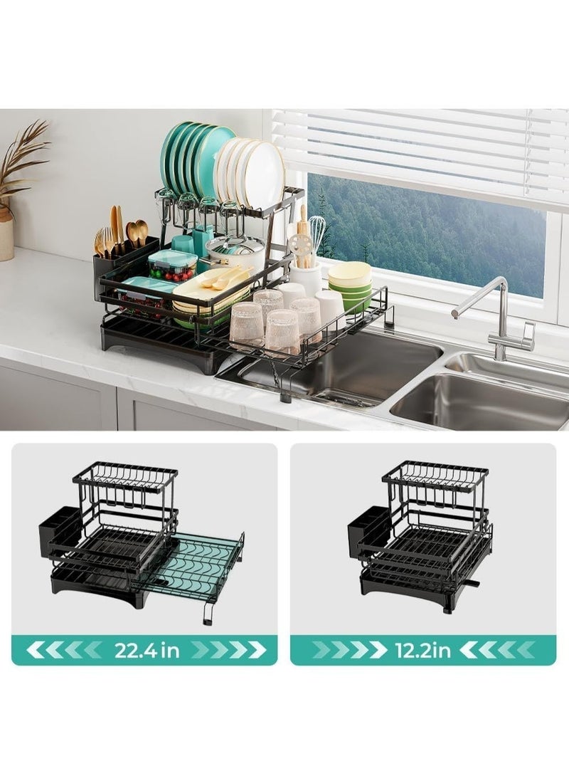 FUOE Black Extendable Dish Rack with 4-Grid Cup Holder & 3-Grid Utensil Tray - Double-Layer Foldable Kitchen Drainer and Organizer for Plates, Bowls, Cups and Cutlery, Space-Saving Dish Drying Rack for Kitchen Countertop - Image 5